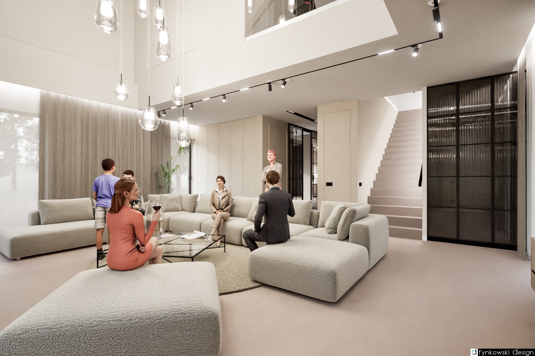 Wizualizacja przestronnego salonu z narożną sofą o fakturze baranka, szklanym stolikiem kawowym, schodami i grupą osób w jasnych, neutralnych kolorach.