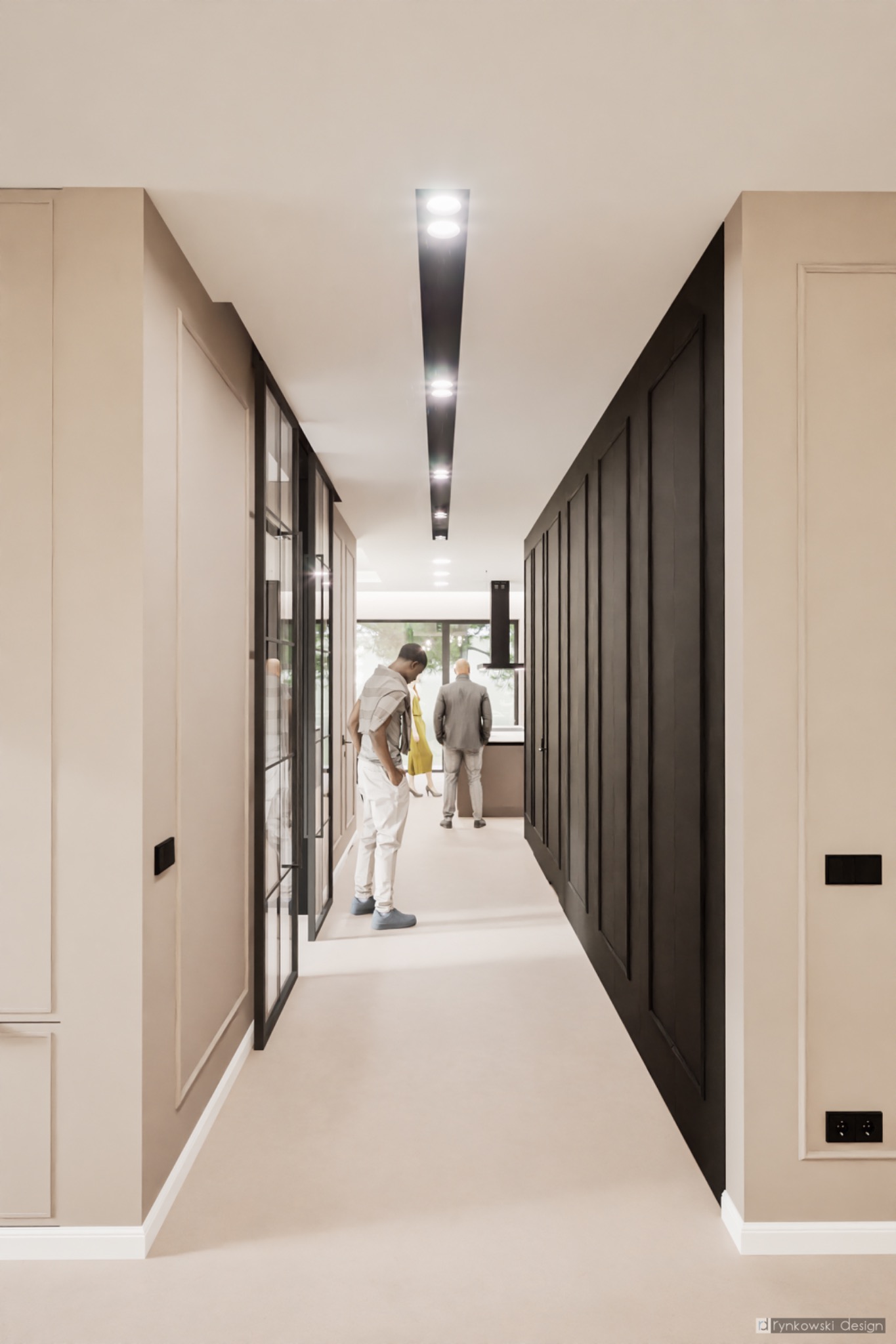 Wizualizacja korytarza w jasnych beżach z ciemnymi akcentami, czarne drzwi ze szprosami i zabudowa ścienna, oświetlenie liniowe w suficie, dwie postacie w tle.
