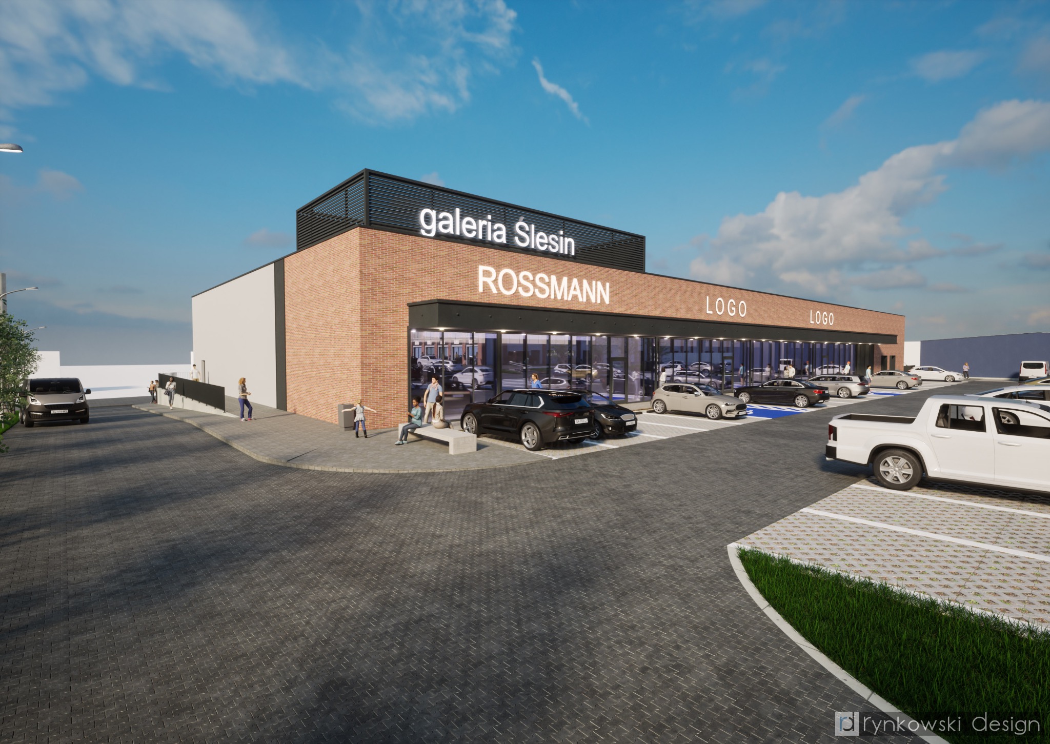 Wizualizacja budynku usługowego Galeria Slesin z logotypami Rossmann, duży parking z samochodami, kostka brukowa i zieleń, błękitne niebo.