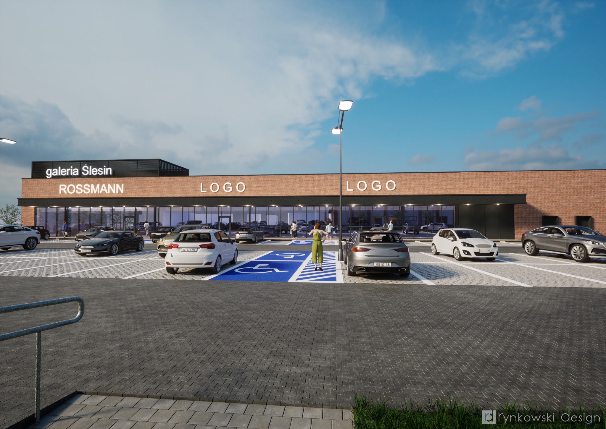 Wizualizacja budynku usługowego z ceglaną elewacją, parkingiem i napisem 'galeria Slesin ROSSMANN' nad wejściem, z widocznymi samochodami i osobami w tle.