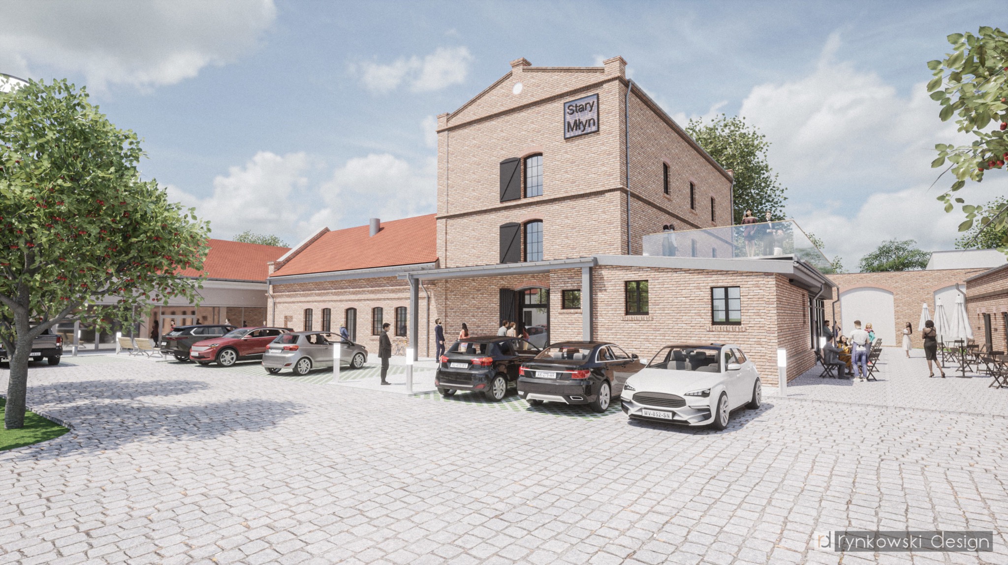 Wizualizacja budynku usługowego Stary Młyn z parkingiem i patio z parasolami, wykonana w ciepłych barwach cegły z nowoczesnymi elementami architektonicznymi.