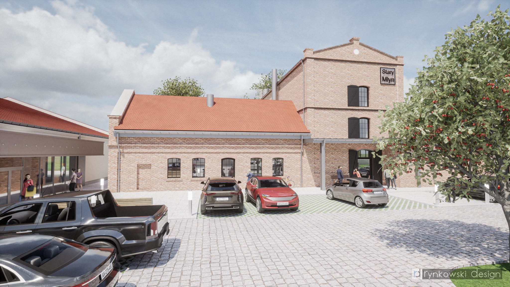 Wizualizacja budynku usługowego 'Stary Młyn' z cegły z parkiem samochodowym i zielenią, widok z poziomu terenu.