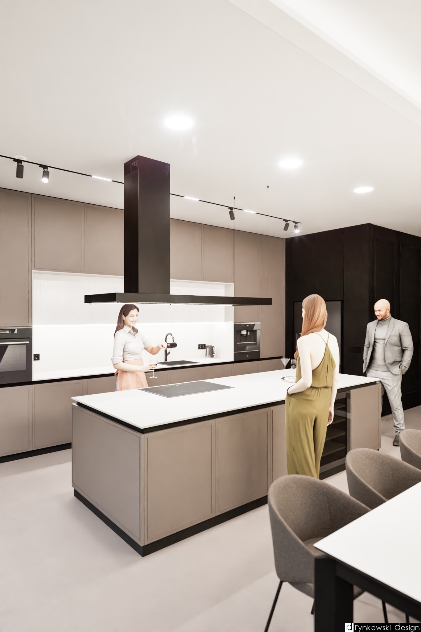 Wizualizacja nowoczesnej kuchni z wyspą, oświetleniem punktowym i trzema postaciami: kobieta z kieliszkiem wina, kobieta w kombinezonie i mężczyzna w garniturze.