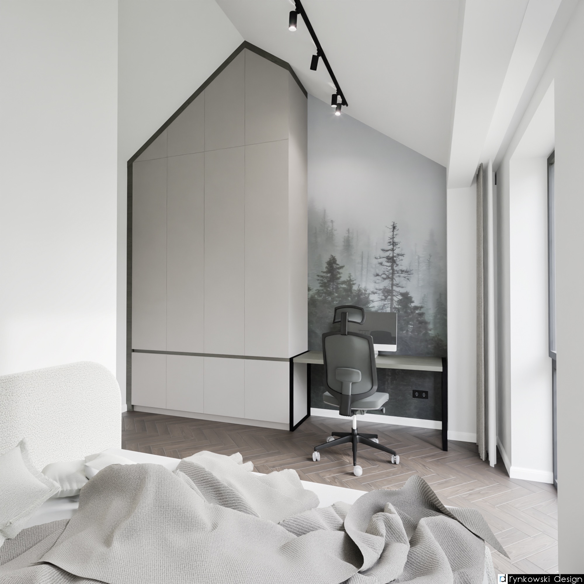 Nowoczesna sypialnia z miejscem do pracy w Poznaniu: jasne barwy, minimalistyczne biurko z widokiem na fototapetę z motywem mglistego lasu, duża szafa w zabudowie pod skosem dachu i drewniana...