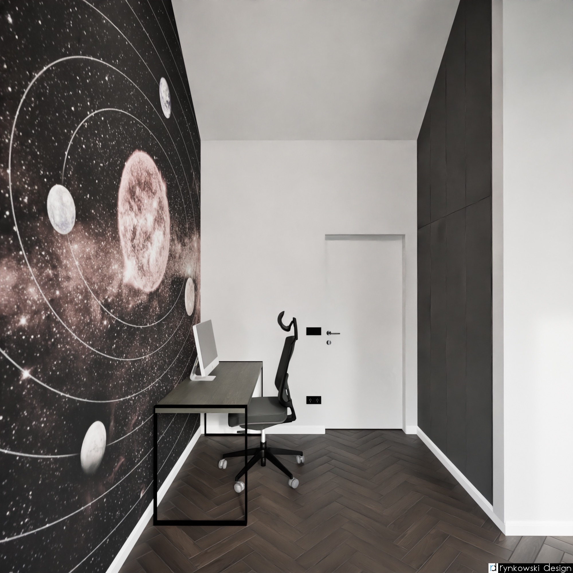 Nowoczesne biuro domowe z tapetą kosmiczną, biurkiem z monitorem i krzesłem obrotowym na parkiecie w jodełkę.