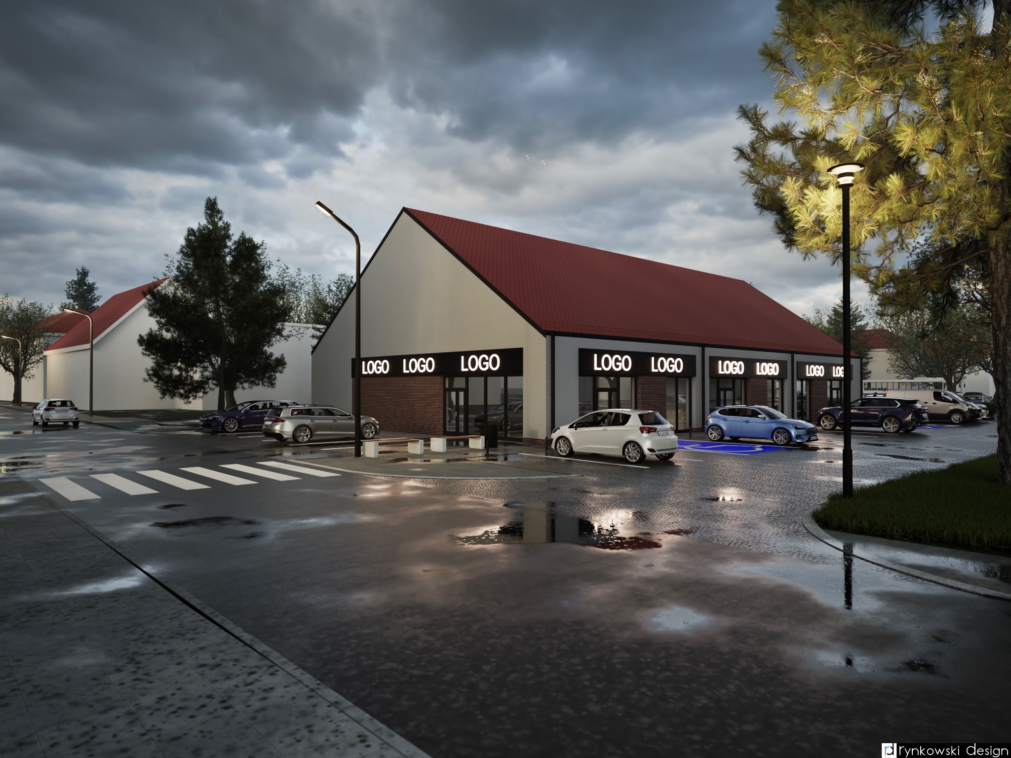 Wizualizacja budynku usługowego z czerwonym dachem i podświetlonymi logo nad wejściami, otoczonego mokrym parkingiem i drzewami w pochmurny dzień.