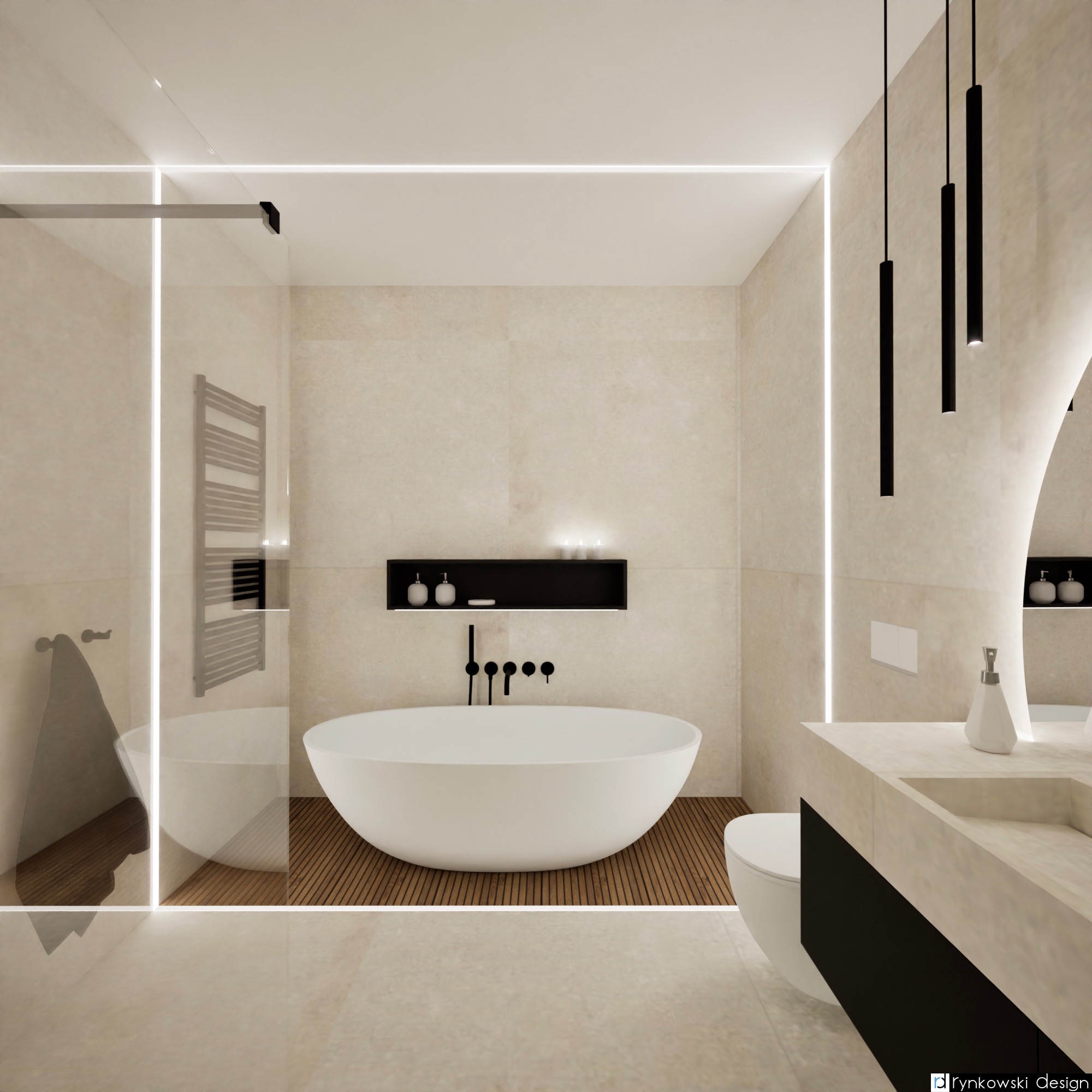 Nowoczesna łazienka z wolnostojącą wanną na drewnianej podłodze, podświetleniem LED i minimalistyczną armaturą w czarnym kolorze.