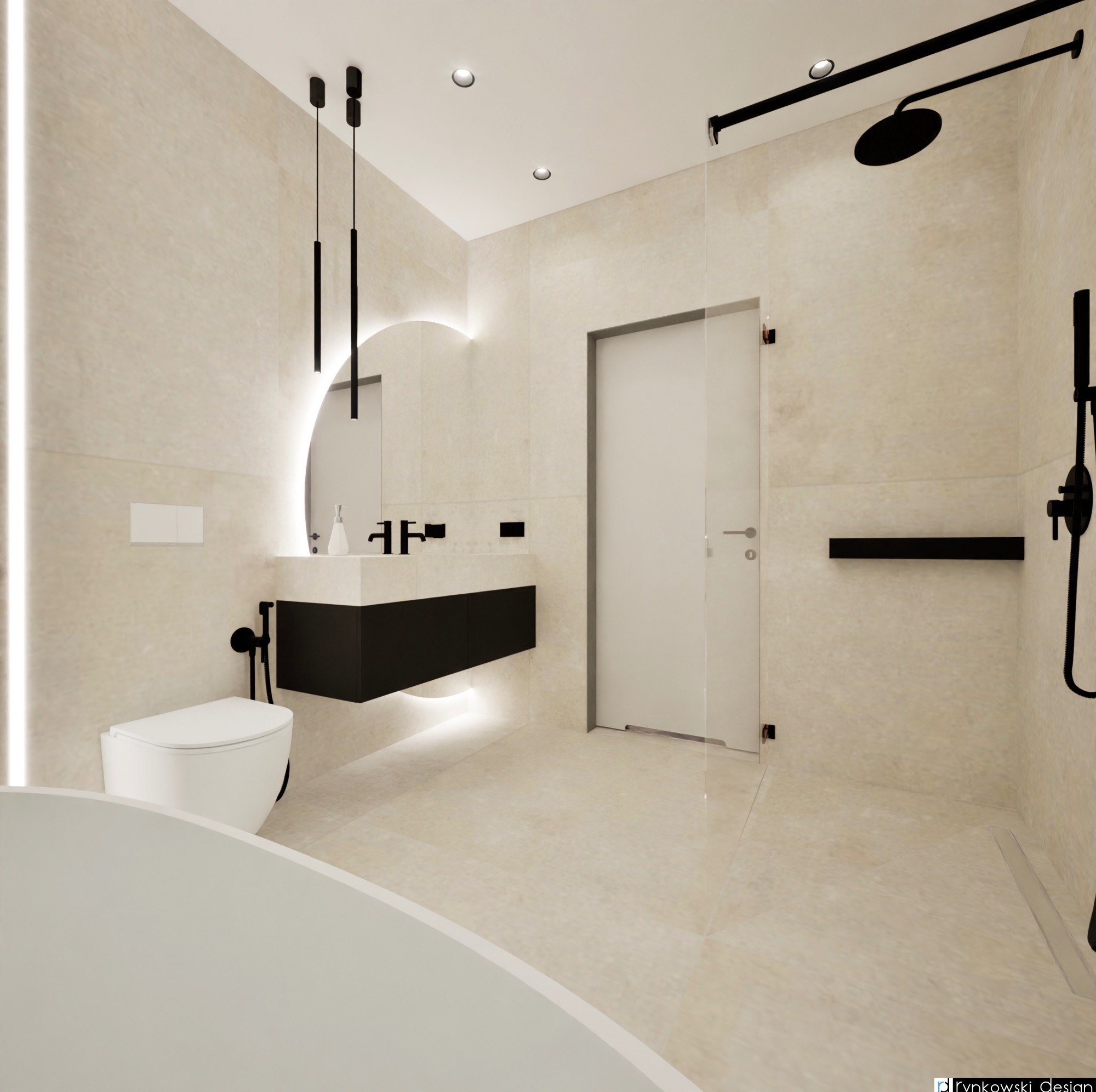 Wizualizacja minimalistycznej łazienki z beżowymi płytkami, czarną armaturą, podświetlanym lustrem i kabiną prysznicową typu walk-in.