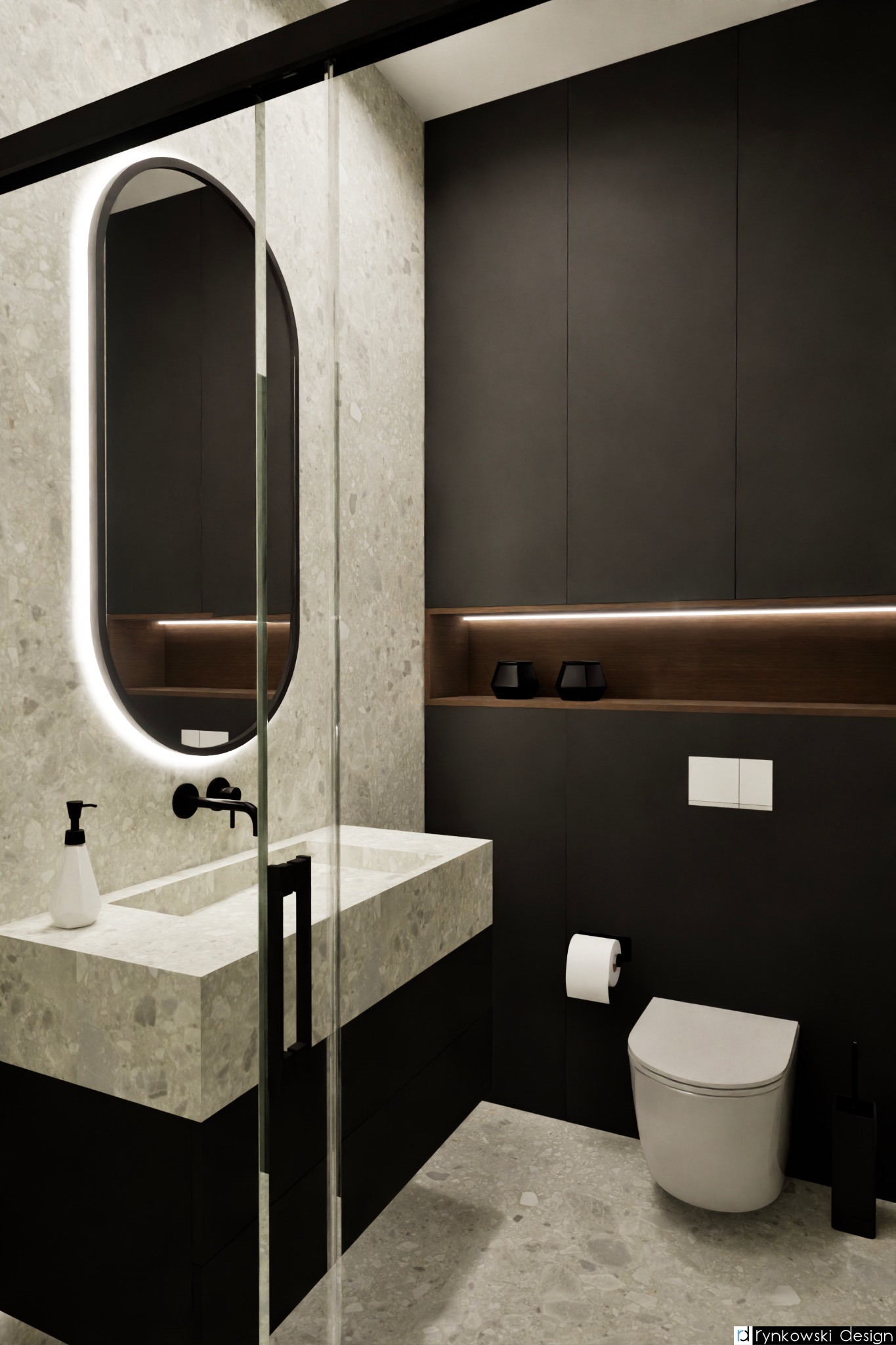 Nowoczesna łazienka z owalnym lustrem podświetlanym LED, kamienną umywalką nablatową, czarną armaturą i zabudową meblową w kolorze grafitu.