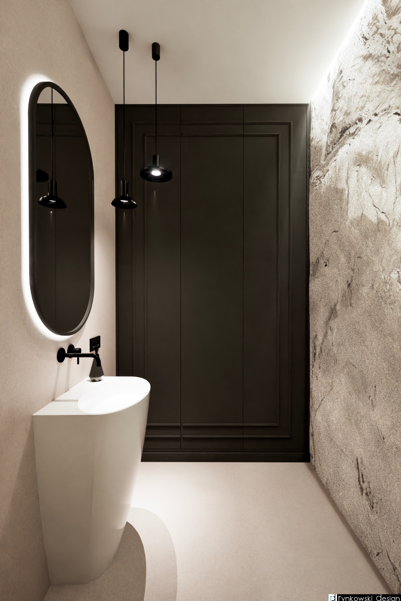 Minimalistyczna łazienka z owalnym lustrem podświetlonym LED, białą umywalką wolnostojącą, czarną armaturą i dwoma czarnymi lampami wiszącymi na tle ciemnych, panelowych drzwi i ściany z efektem...