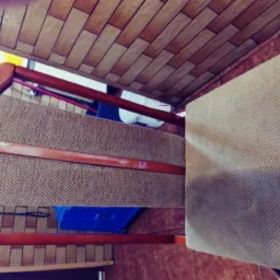 Krzesło z drewnianą ramą i beżową tapicerką, widziane z góry, na tle brązowych płytek podłogowych i sufitowych w Wejherowie.