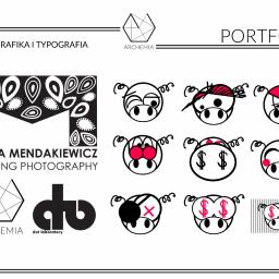 ARCHEMIA Kamila Radwan - Świstak - Portfolio z grafikami i typografią, zawierające logo firmy Archemia, logo dot laboratory oraz ilustracje świnek z różnymi atrybutami, jak opaska na oko, dolarowe oczy, serduszka i beret.
