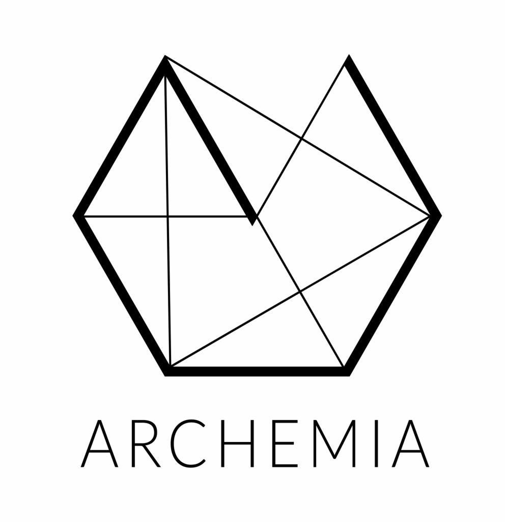 Logo firmy Archemia: geometryczny symbol w kształcie sześcioboku z wewnętrznymi liniami, czarne linie na białym tle.