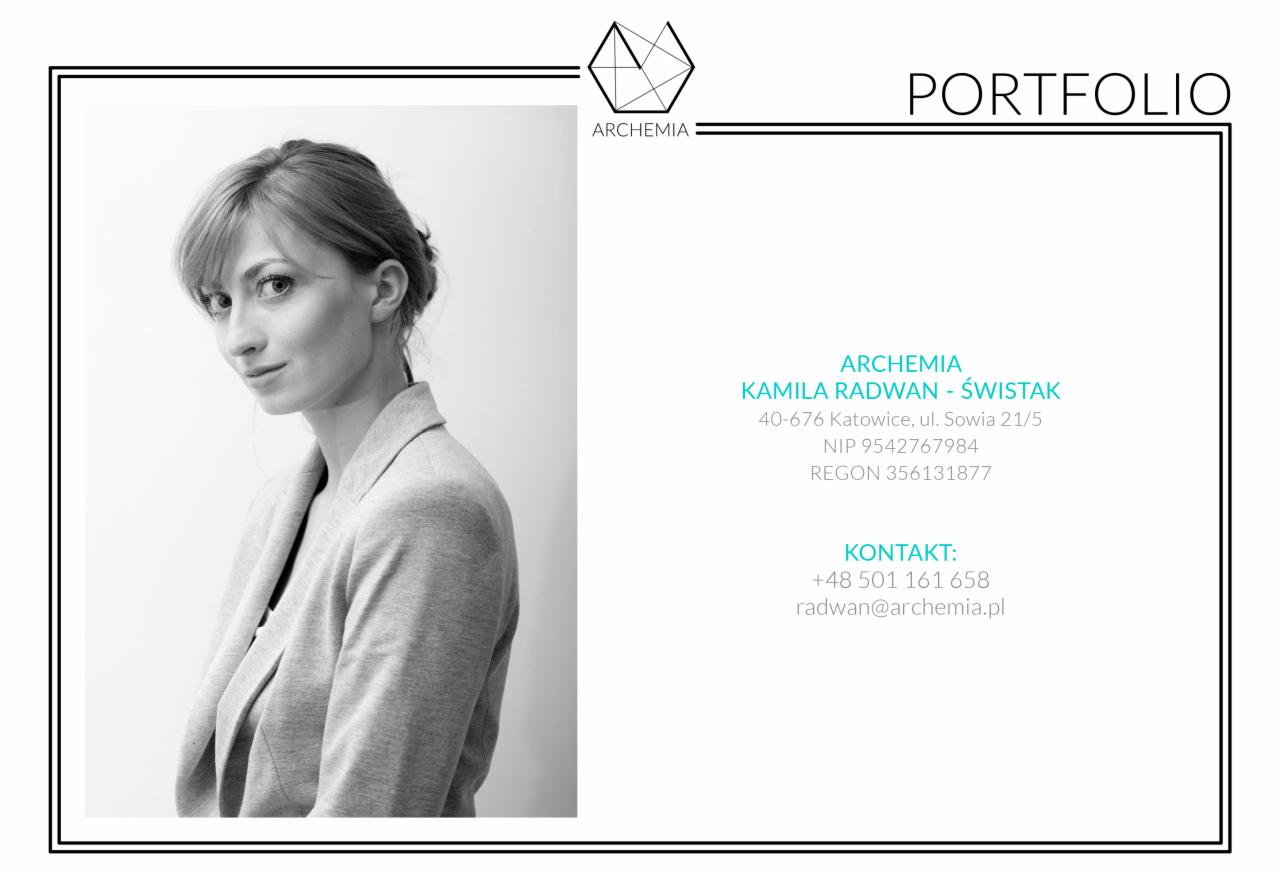 Portfolio graficzne Archemia: portret kobiety w szarej marynarce obok danych kontaktowych firmy, minimalistyczny design wizytówki.