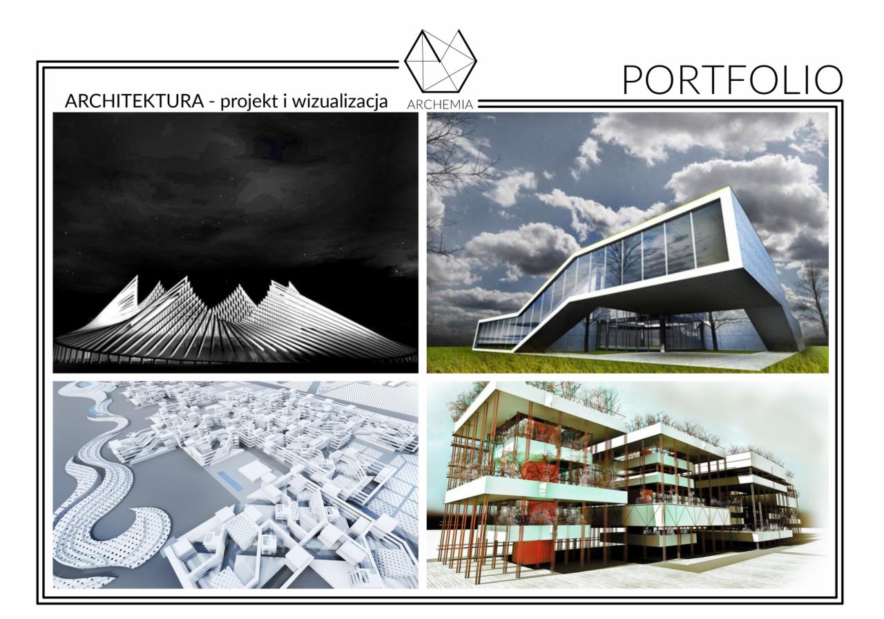 Portfolio architektoniczne: wizualizacje budynków w różnych stylach, w tym futurystyczna konstrukcja pod rozgwieżdżonym niebem, nowoczesny budynek z dużymi oknami i budynek z elementami zieleni.