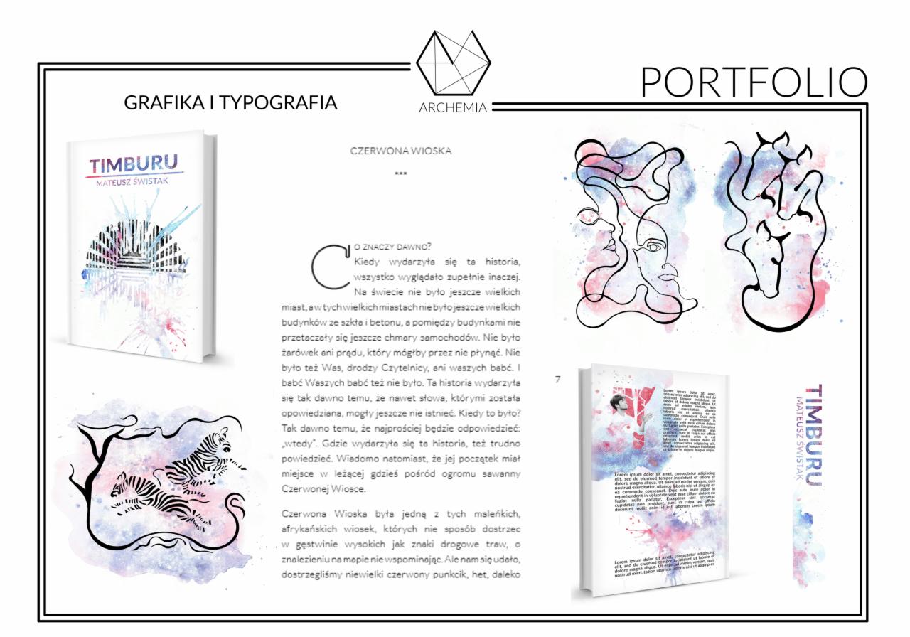 Portfolio graficzne z okładkami książek, ilustracjami i fragmentami tekstów, prezentujące różnorodne projekty graficzne.