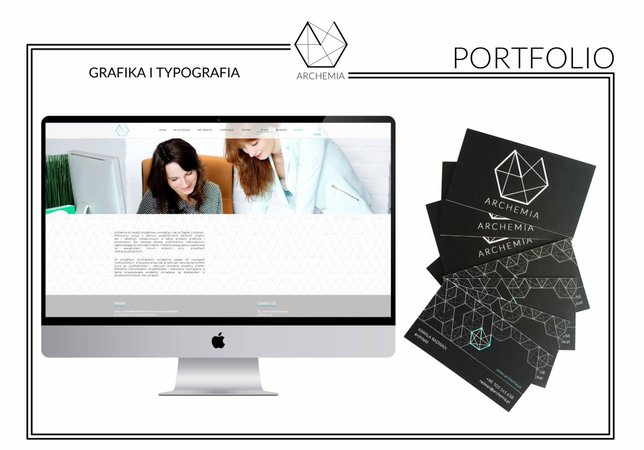 Portfolio graficzne prezentujące stronę internetową na monitorze oraz wizytówki z logo firmy Archemia.