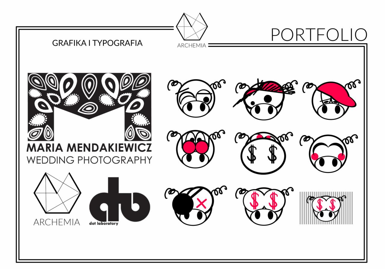Portfolio z grafikami i typografią, zawierające logo firmy Archemia, logo dot laboratory oraz ilustracje świnek z różnymi atrybutami, jak opaska na oko, dolarowe oczy, serduszka i beret.