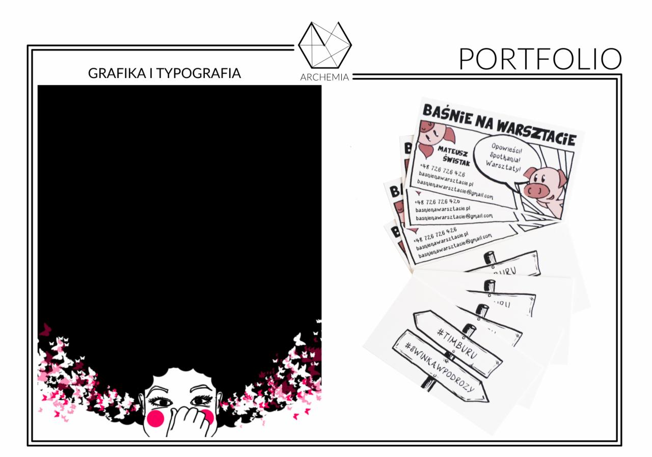 Portfolio graficzne: ilustracja kobiety z afro, z którego wylatują motyle, wizytówki z ilustracjami świnki i hasłami warsztatowymi oraz drogowskazy z hashtagami.