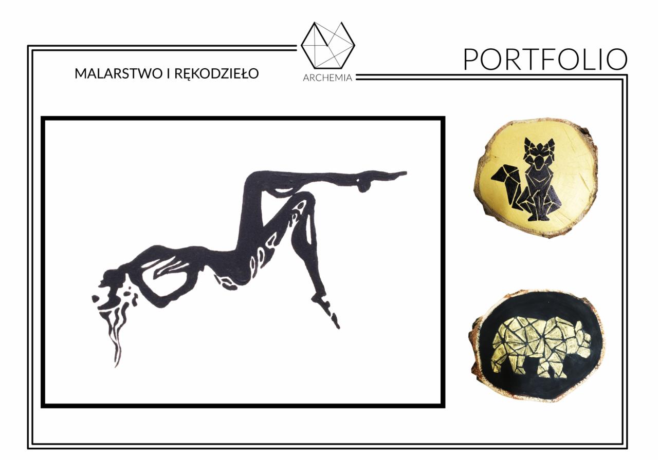 Portfolio prezentujące czarno-białe ilustracje: sylwetka kobiety w dynamicznej pozie oraz motywy zwierzęce (lis i niedźwiedź) na drewnianych krążkach.