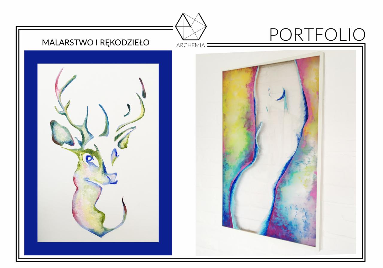 Portfolio z dwoma obrazami: akwarela jelenia w niebieskiej ramce i abstrakcyjny akt kobiecy w białej ramie, z logo 'Archemia' i napisem 'Malarstwo i rękodzieło' u góry.