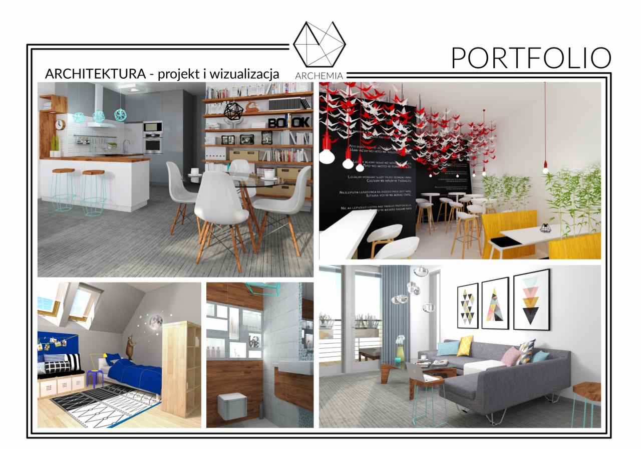 Portfolio architektoniczne: wizualizacje wnętrz - kuchnia z jadalnią, kawiarnia z dekoracją origami, pokój dziecięcy z motywem księżyca, łazienka z drewnianą zabudową i salon z szarą sofą narożną.