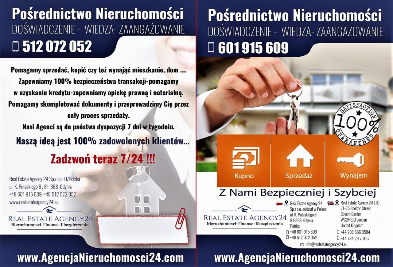 Ulotka agencji nieruchomości z ofertą kupna, sprzedaży i wynajmu nieruchomości oraz gwarancją 100% satysfakcji klienta, prezentująca numery kontaktowe i adres strony internetowej.