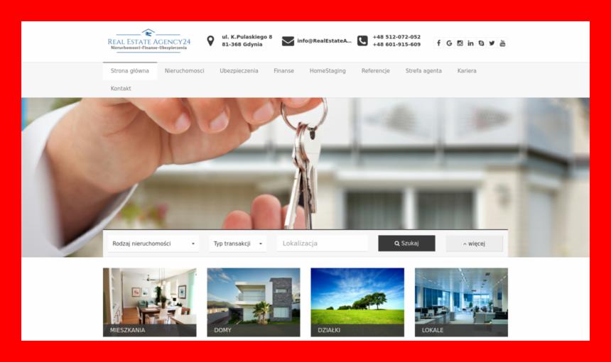 Strona internetowa agencji nieruchomości z kluczami w dłoni, widoczne sekcje: mieszkania, domy, działki, lokale, formularz wyszukiwania nieruchomości.