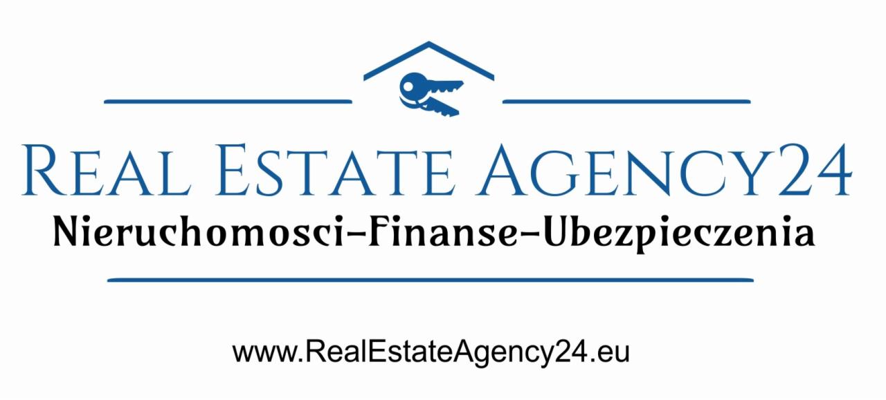 Logo Real Estate Agency24 w kolorze niebieskim, z motywem dachu i kluczy, oferujące nieruchomości, finanse i ubezpieczenia.
