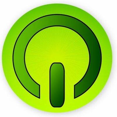 Zielone logo z symbolem włącznika z efektem gradientu i delikatnym promieniowaniem w tle.