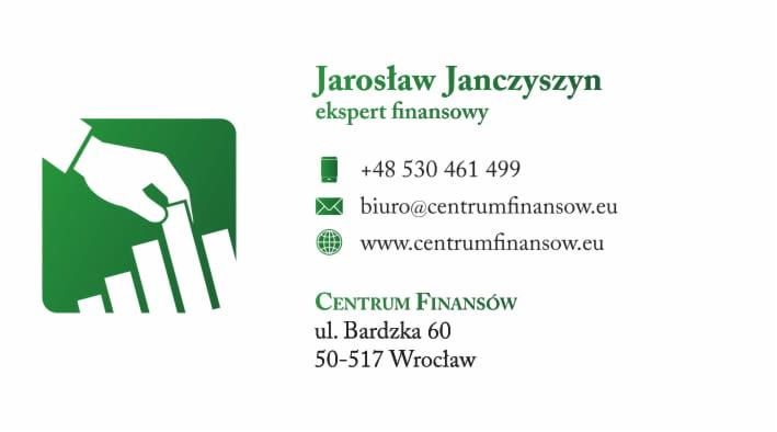 Wizytówka eksperta finansowego Jarosława Janczyszyna z zielonym logo przedstawiającym dłoń układającą słupki wykresu.