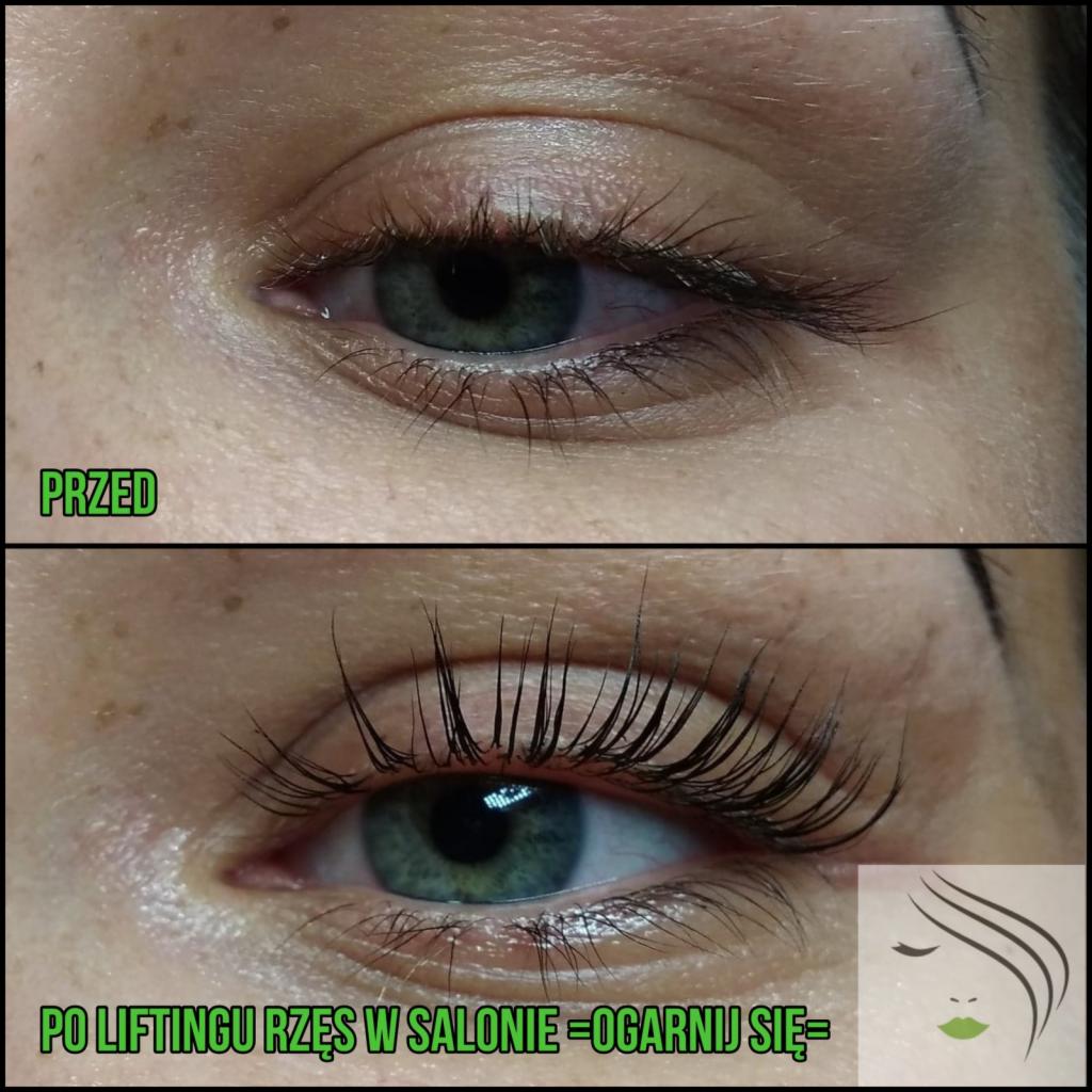 Zbliżenie na oko przed i po liftingu rzęs, widoczne różnice w długości i podkręceniu rzęs, z logo salonu w prawym dolnym rogu.
