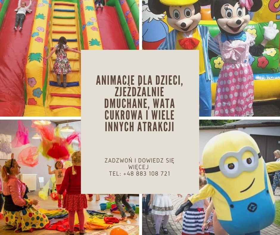 Kolaż zdjęć przedstawiający atrakcje dla dzieci: dmuchana zjeżdżalnia z dziećmi, postacie z bajek (Myszka Miki i Minnie, Minionek) oraz animacje z kolorowymi rekwizytami.