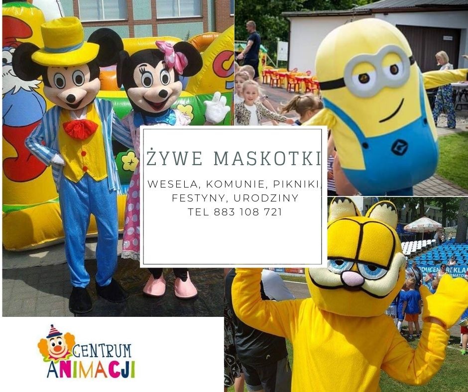 Kolaż zdjęć z animatorami w kostiumach: Myszka Miki w niebieskim garniturze, Myszka Minnie w różowej sukience, Minionek i Garfield, na tle dmuchanego zamku i bawiących się dzieci.