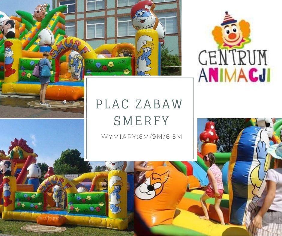 Kompozycja zdjęć przedstawiająca dmuchany plac zabaw ze Smerfami, z widocznymi dziećmi bawiącymi się na nim oraz logo firmy animacyjnej w prawym górnym rogu.
