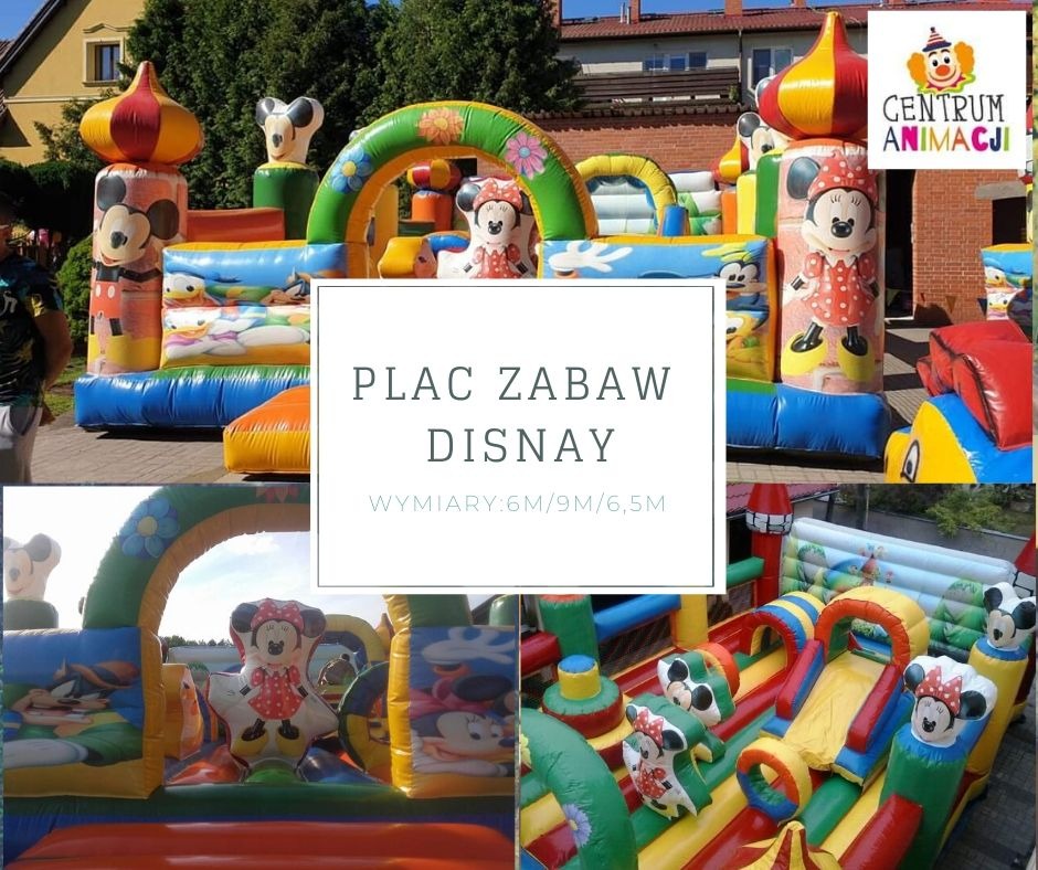 Kolorowy, dmuchany plac zabaw z motywami z bajek Disneya, z widocznym logo firmy animacyjnej w prawym górnym rogu.