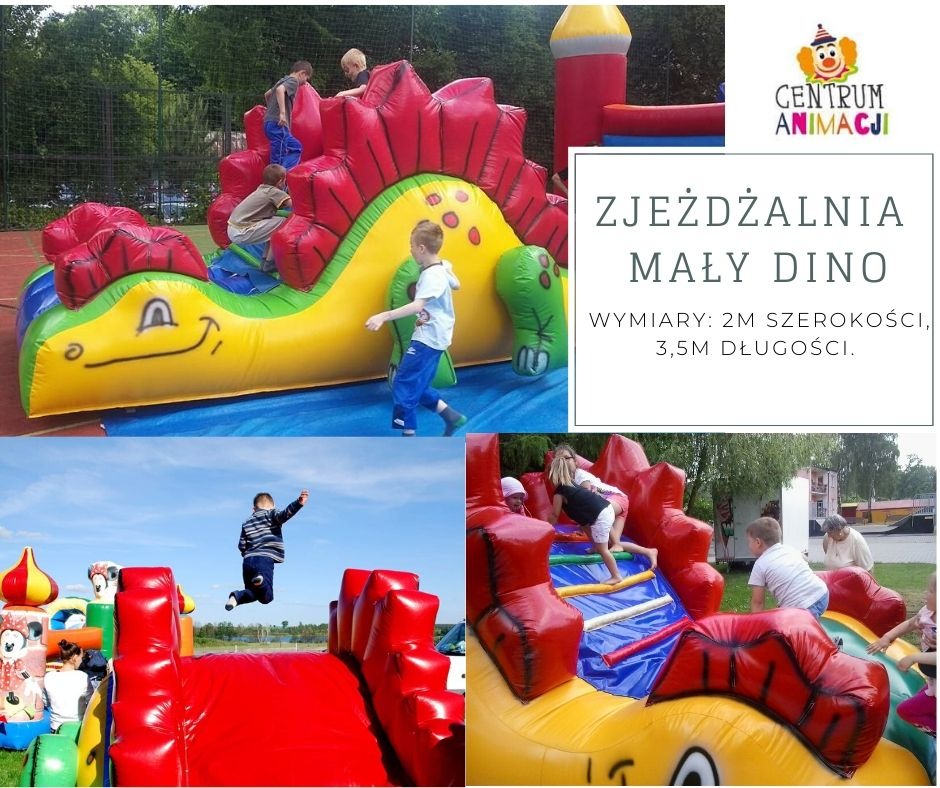 Zestaw zdjęć: dzieci bawią się na dmuchanej zjeżdżalni w kształcie dinozaura na zewnątrz, widoczne logo firmy 'Centrum Animacji' oraz informacja o wymiarach zjeżdżalni: 2m szerokości i 3,5m długości.