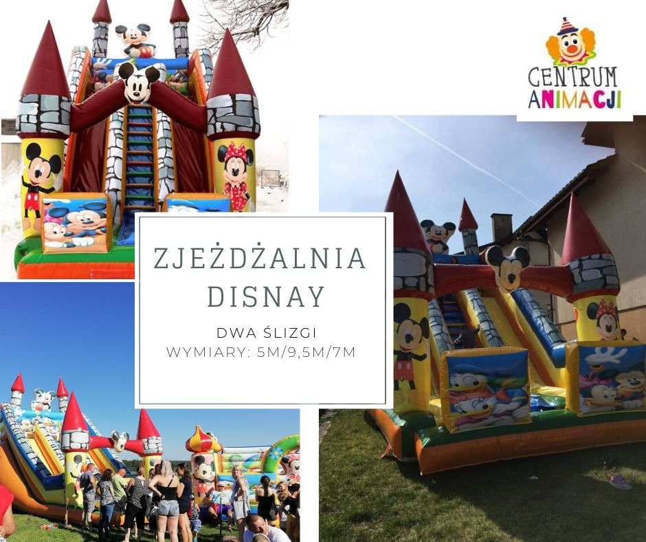 Kompozycja zdjęć dmuchanej zjeżdżalni w stylu zamku Disneya z postaciami Myszki Miki i Minnie, widok z przodu i z boku, na jednym ze zdjęć grupa osób w pobliżu, na innym logo firmy Centrum Animacji.