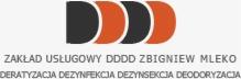 Logo firmy DDDD Zbigniew Mleko z czterema półkolami w kolorach pomarańczowym i czarnym, oferującej usługi deratyzacji, dezynfekcji, dezynsekcji i dezodoryzacji.