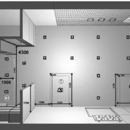 Szkic techniczny pomieszczenia w Pajęcznie z zaznaczonymi wymiarami ścian, okien i drzwi oraz rozmieszczeniem punktów oświetleniowych na suficie.