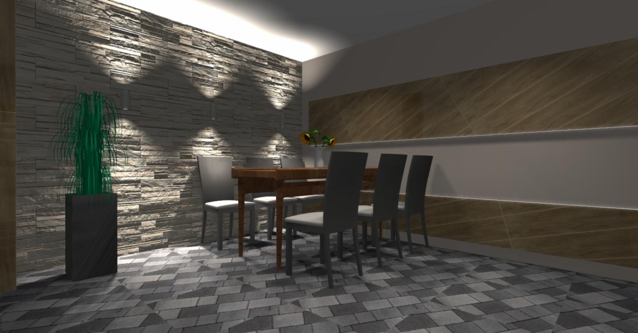 Wizualizacja jadalni z kamienną ścianą akcentującą, drewnianym stołem i szarymi krzesłami, oświetlona punktowymi lampami