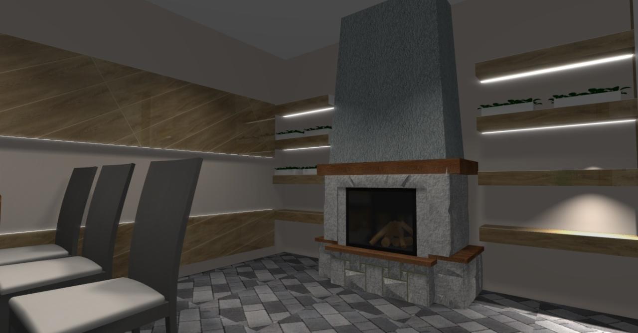 Wizualizacja wnętrza jadalni z kominkiem obłożonym kamieniem, podświetlanymi półkami z roślinami i trzema krzesłami z szarej tkaniny.