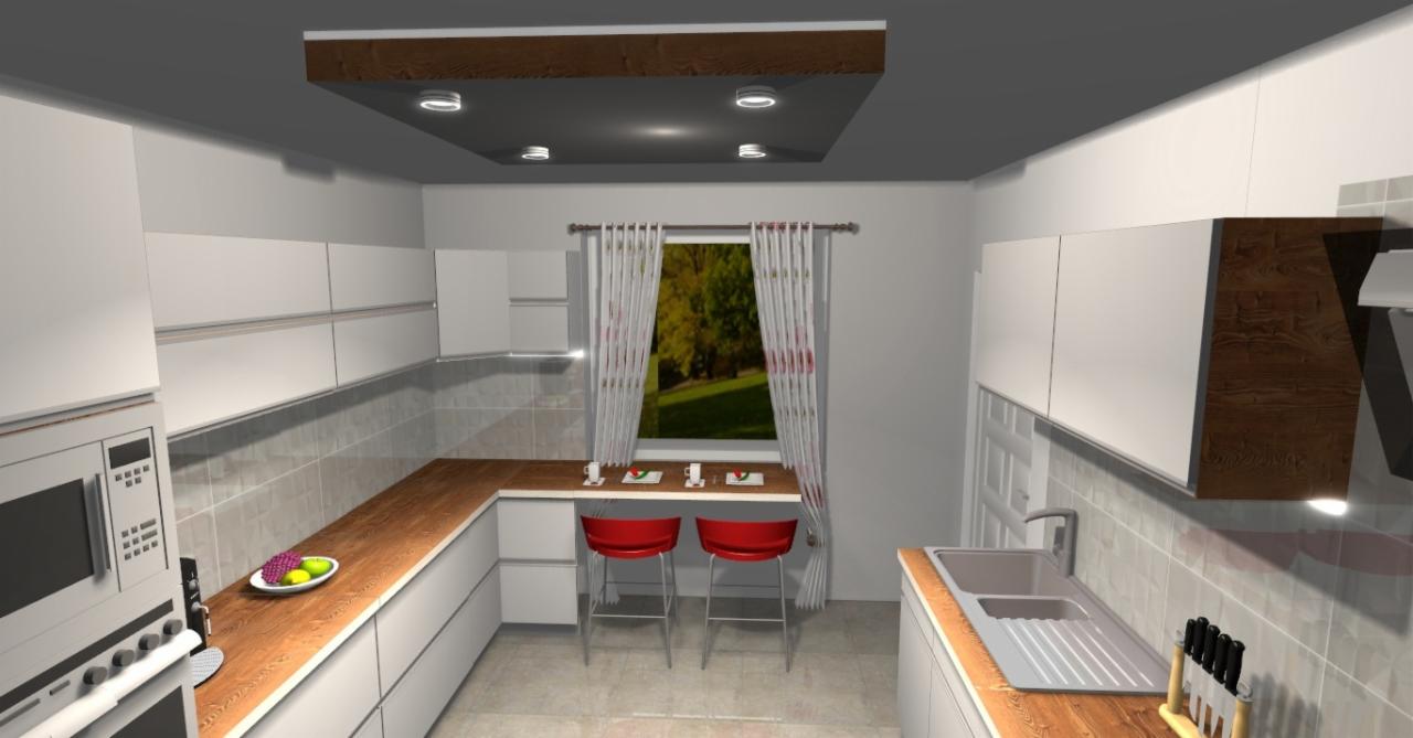 Wizualizacja nowoczesnej kuchni z białymi szafkami, drewnianym blatem i czerwonymi krzesłami barowymi przy oknie z widokiem na zieleń.