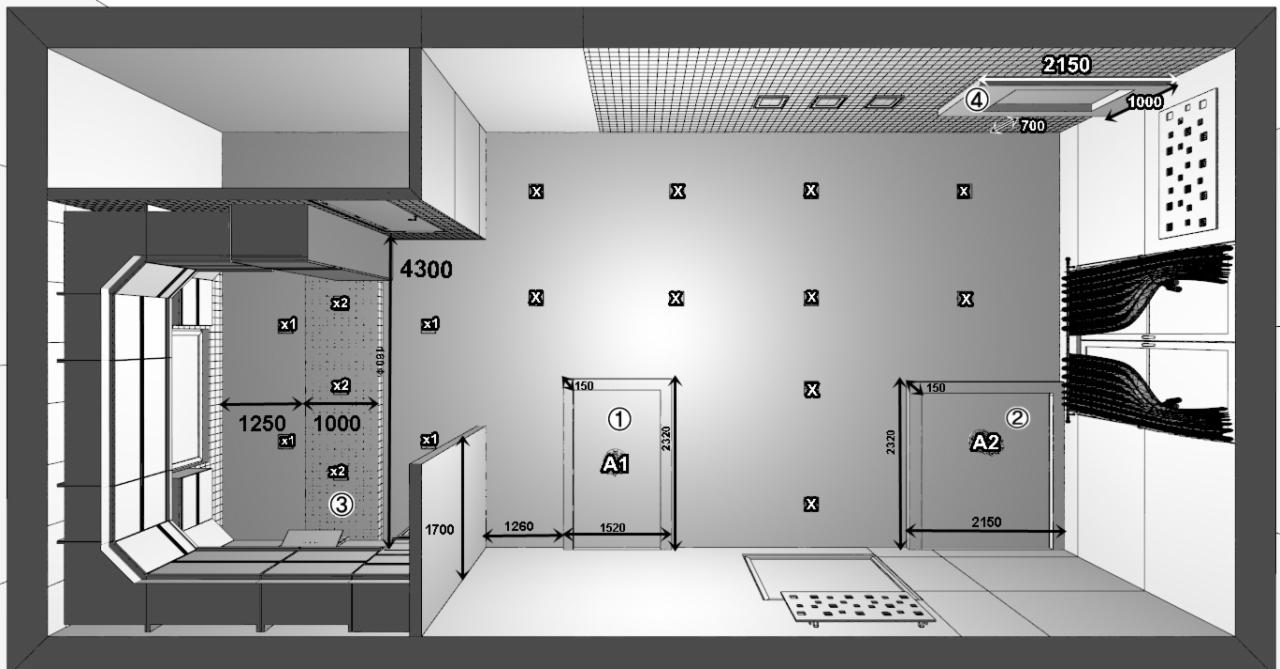 Szkic techniczny pomieszczenia w Pajęcznie z zaznaczonymi wymiarami ścian, okien i drzwi oraz rozmieszczeniem punktów oświetleniowych na suficie.
