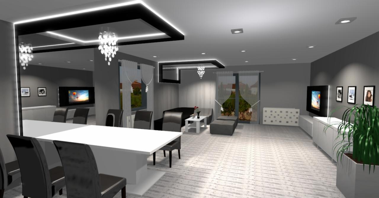 Wizualizacja przestronnego, szarego salonu z jadalnią, z białym stołem, czarnymi krzesłami, oświetleniem LED na suficie, telewizorem na ścianie i rośliną doniczkową w rogu.