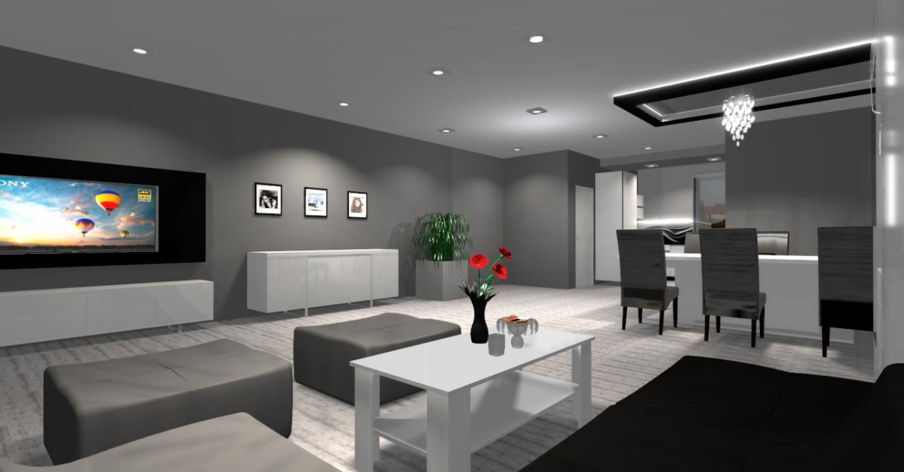 Wizualizacja salonu w szarościach z czarnymi akcentami: telewizor z włączonym ekranem, białe meble, pufy, stolik kawowy z czerwonymi kwiatami w wazonie, jadalnia w tle z nowoczesnym oświetleniem.