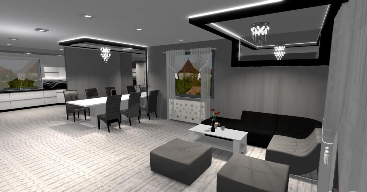 Wizualizacja wnętrza salonu z jadalnią w odcieniach szarości, z nowoczesnym oświetleniem sufitowym i minimalistycznymi meblami, widok na ogród przez okno z białymi zasłonami.