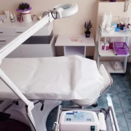 Przygotowane stanowisko zabiegowe z lampą powiększającą, urządzeniem kosmetycznym na wózku i półkami z kosmetykami w tle.