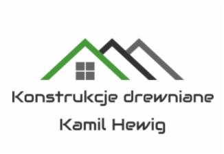 Logo firmy z zielonym dachem i szarymi dachami symbolizującymi konstrukcje drewniane, nazwa firmy 'Konstrukcje drewniane Kamil Hewig' na białym tle.