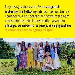 Greathouse - Zdjęcie zespołu kobiet na tle zieleni i miasta w oddali, z podpisami wskazującymi na role poszczególnych osób w firmie, sugerujące zgrany zespół.